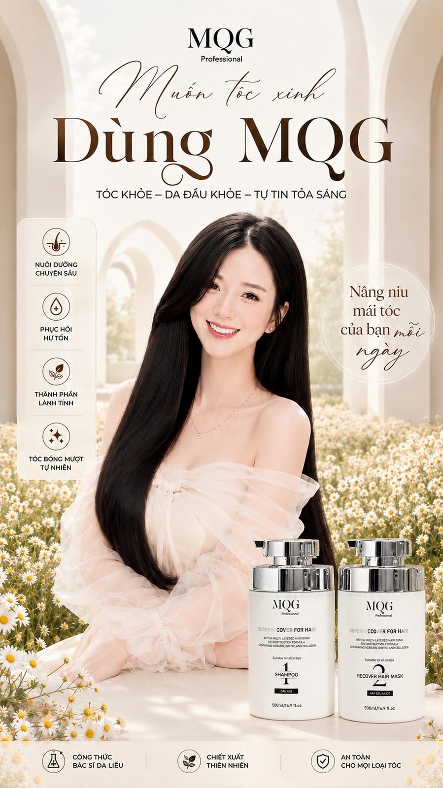 Xịt mọc tóc có tốt không, minh họa chai xịt dưỡng tóc MQG Professional đặt cạnh lược