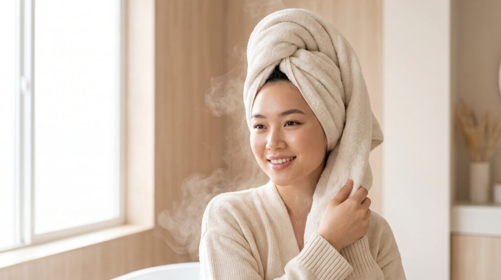 Cô gái trẻ quấn khăn ấm ủ tóc sau khi hấp, minh họa cách hấp tóc nóng tại nhà