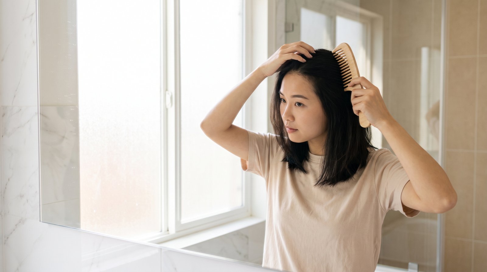 Cô gái chải chân tóc bằng lược gỗ thưa sau khi dùng dầu gội khô