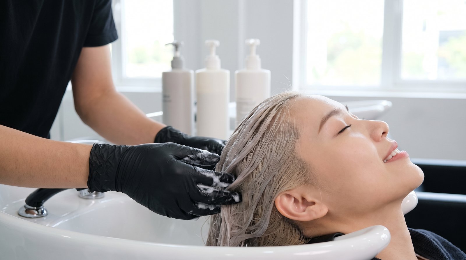 Thợ tóc thoa dầu gội tím lên phần thân tóc bạch kim tại bồn gội salon