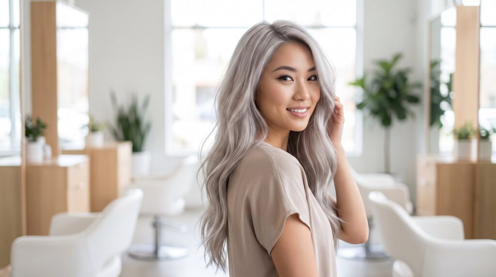 Cô gái tóc bạch kim tone lạnh trong salon, minh họa hiệu quả của dầu gội tím