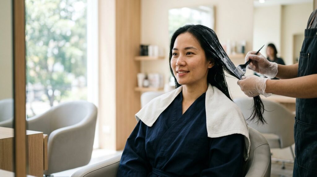 Thợ tóc thoa kem hấp collagen lên phần thân tóc cho khách nữ tại salon