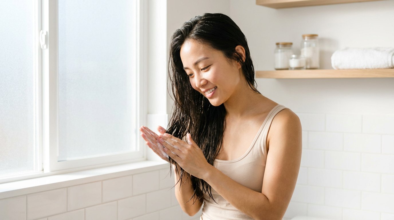 Cô gái Việt trẻ tự thoa kem hấp collagen từ giữa thân tóc xuống ngọn tại nhà