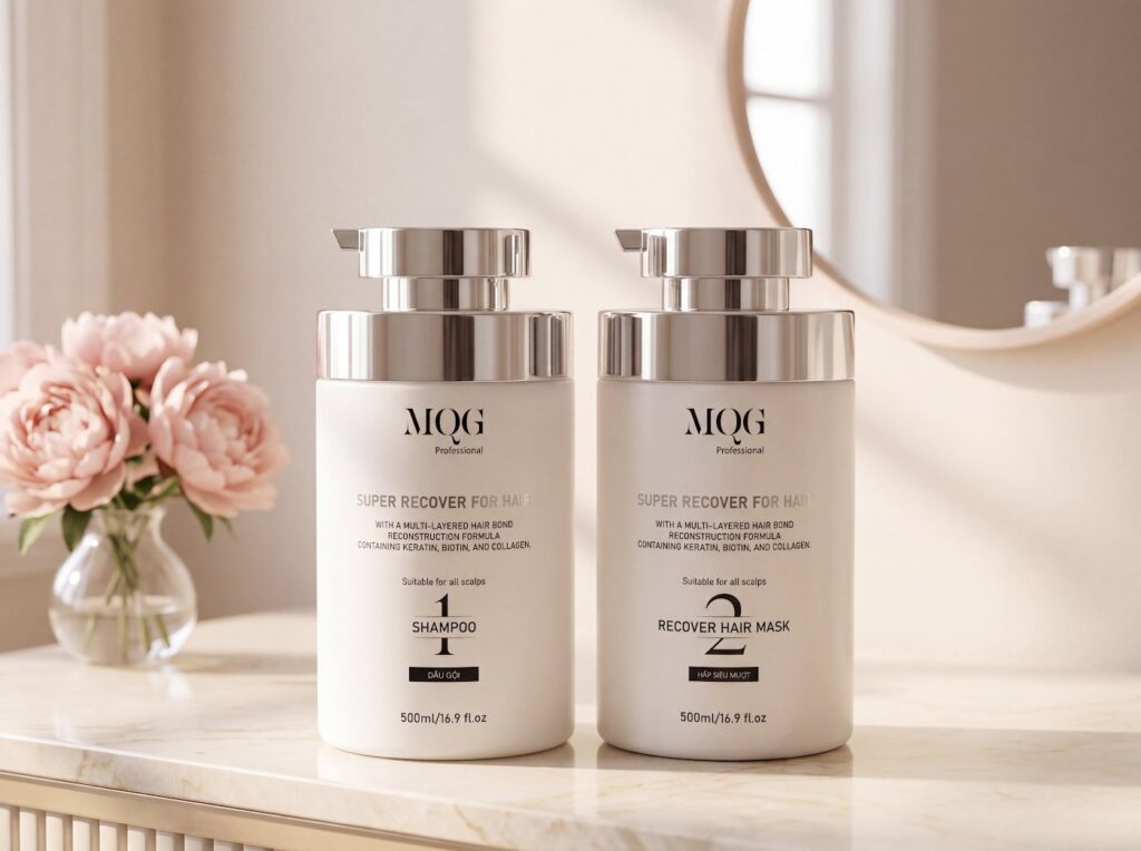 Bộ đôi MQG Dầu Gội và Hấp Siêu Mượt đặt trên bàn trang điểm