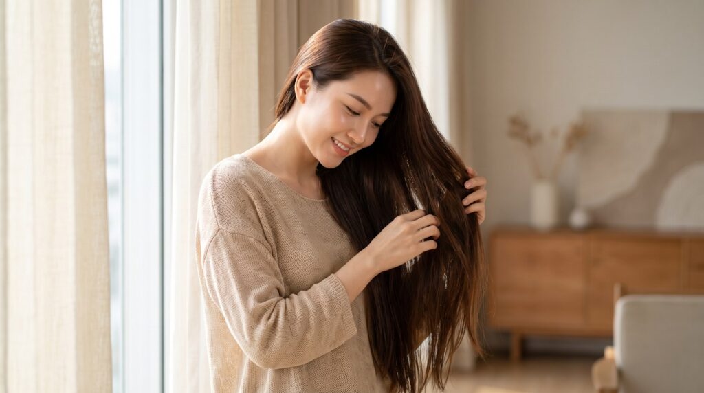 Cô gái tóc dài vuốt nhẹ mái tóc nối bên cửa sổ sáng
