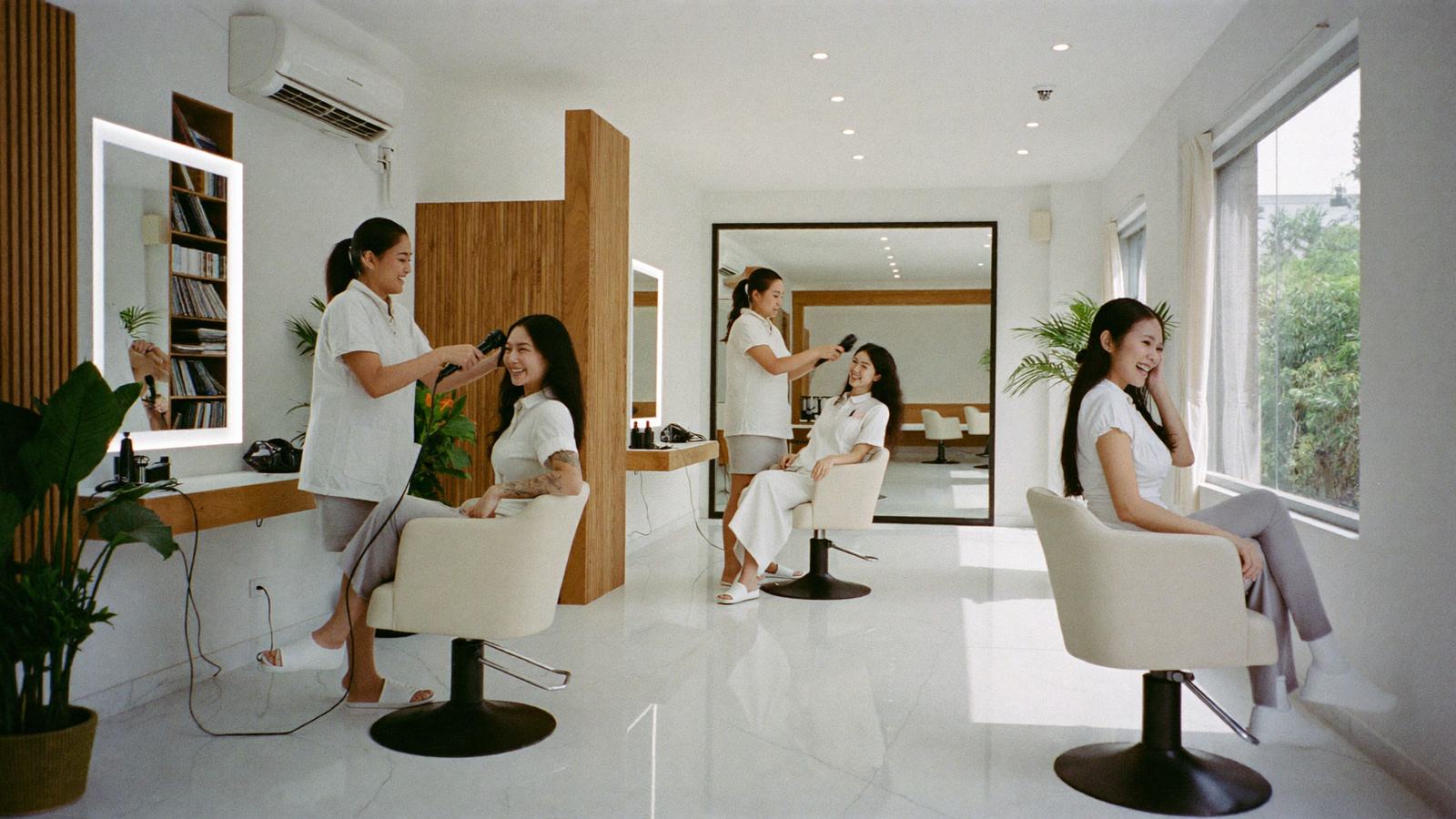 Không gian salon tóc hiện đại, thợ đang chăm sóc tóc cho khách