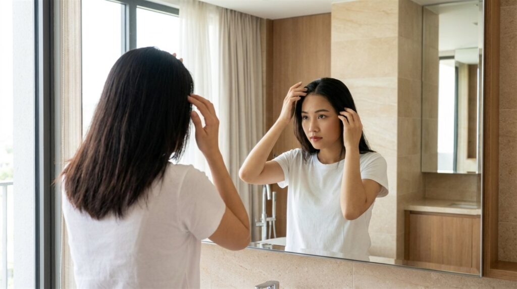 Cô gái trẻ vén tóc soi da đầu trước gương để kiểm tra gàu