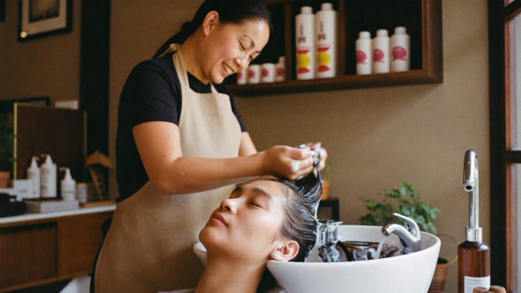 Thợ gội đầu massage da đầu cho khách tại salon tóc Việt Nam