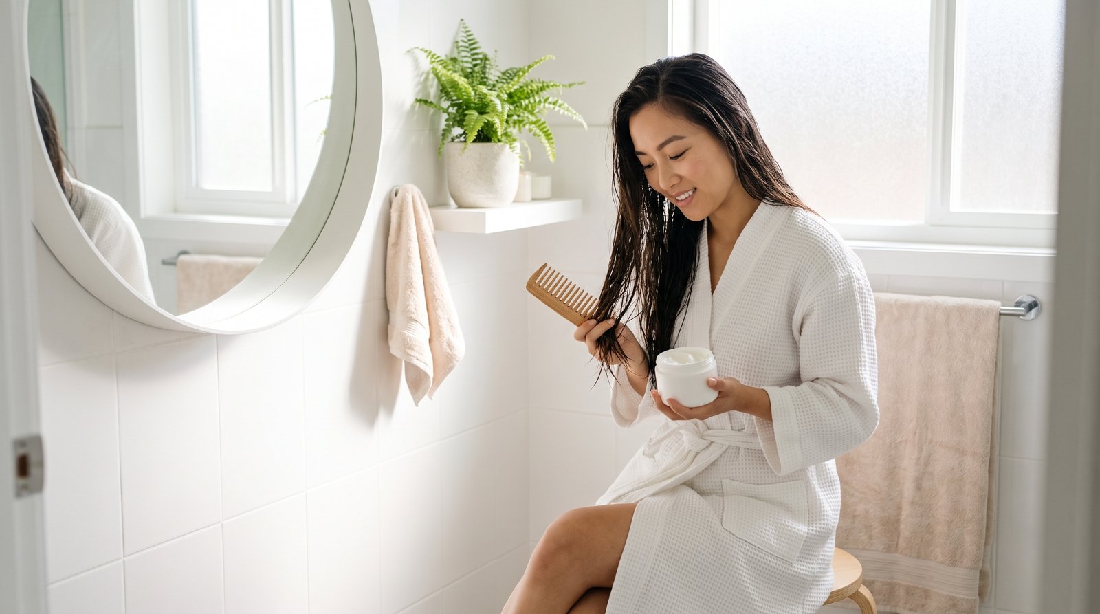 Cô gái thoa kem hấp lên thân tóc và chải đều bằng lược gỗ thưa tại nhà