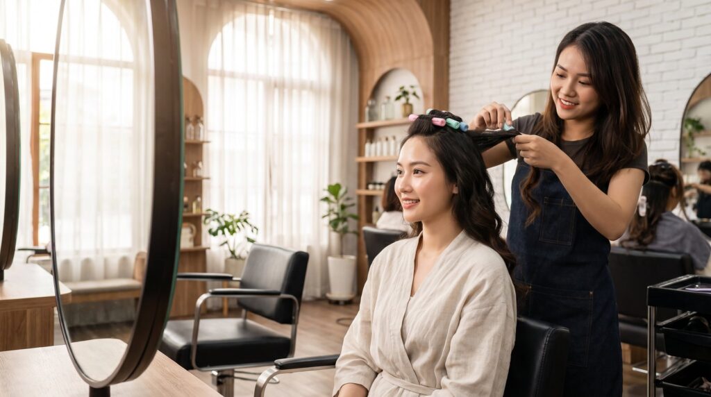 Thợ tóc quấn lô uốn cho khách nữ trong salon sáng sủa