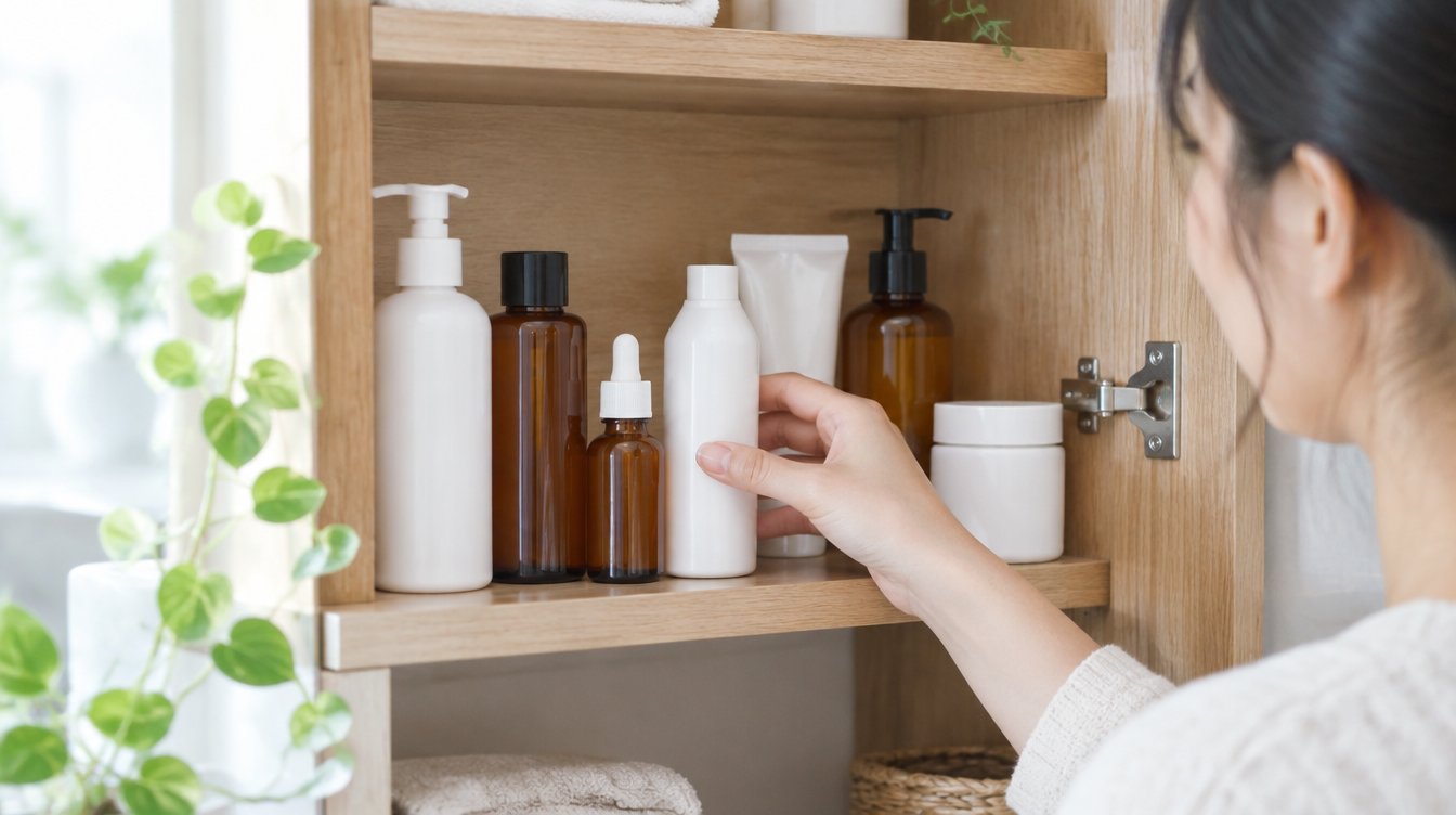 Xep chai dầu gội và kem ủ vào tủ gỗ nơi khô mát để bảo quản đúng cách