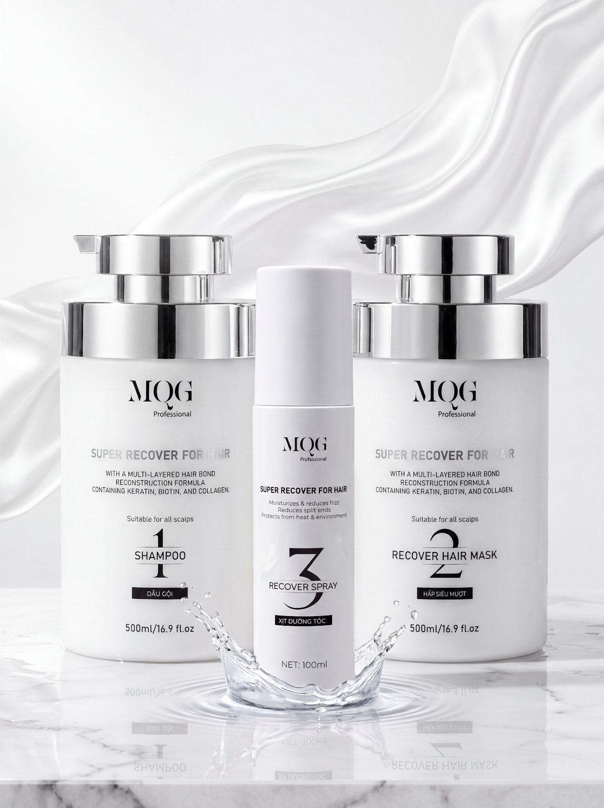 Bộ 3 sản phẩm MQG chính hãng gồm dầu gội, kem hấp Siêu Mượt và xịt dưỡng tóc