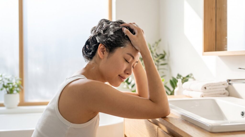 Cô gái massage da đầu bằng đầu ngón tay khi gội đầu, không cào bằng móng tay