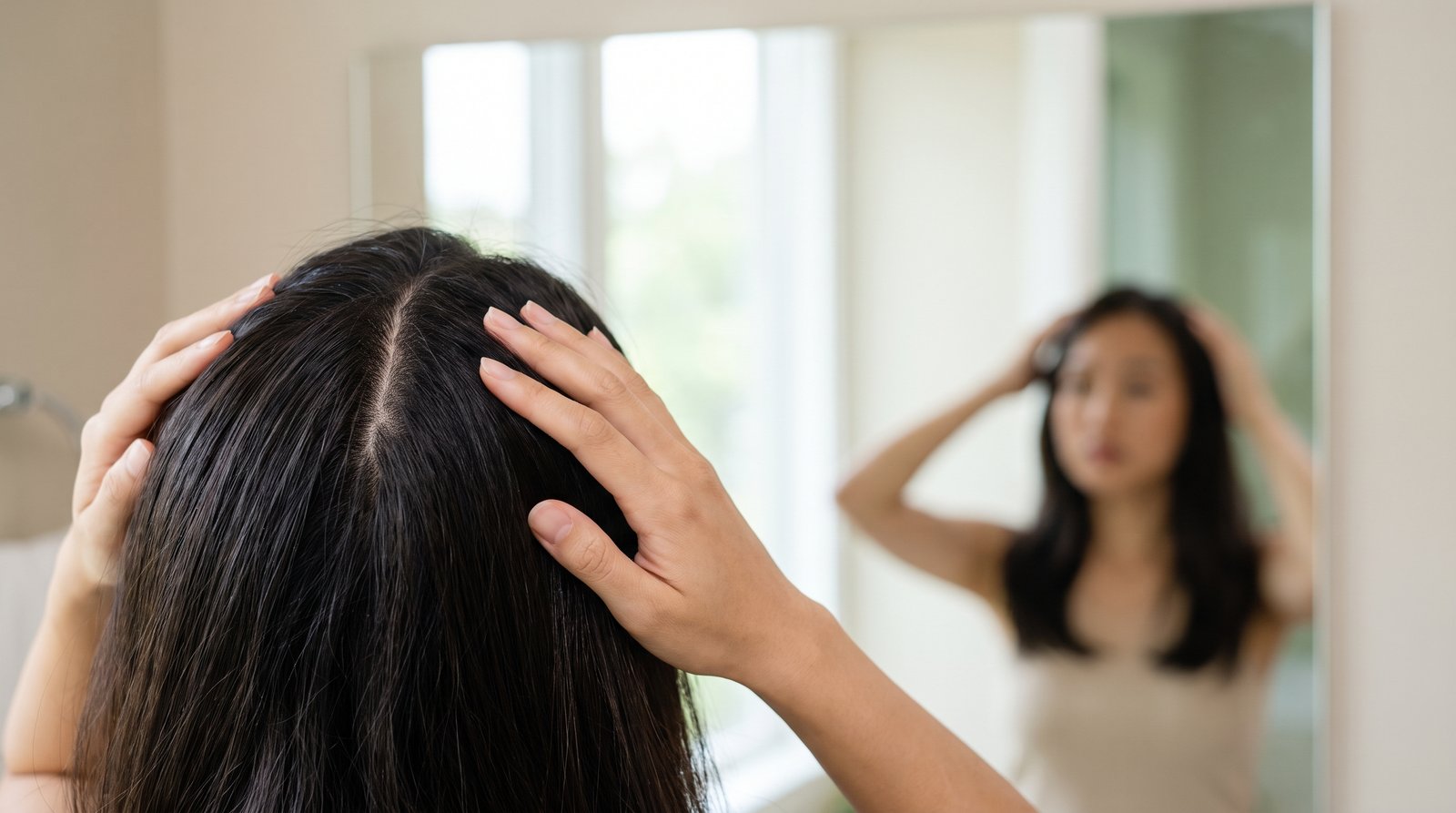 Cô gái rẽ ngôi tóc soi gương tự kiểm tra vùng da đầu bị đỏ
