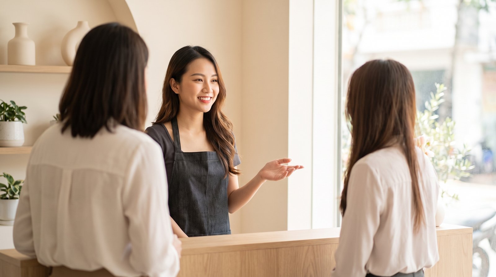 Chuyên viên tư vấn khách tại quầy lễ tân salon trong hệ thống đại lý MQG