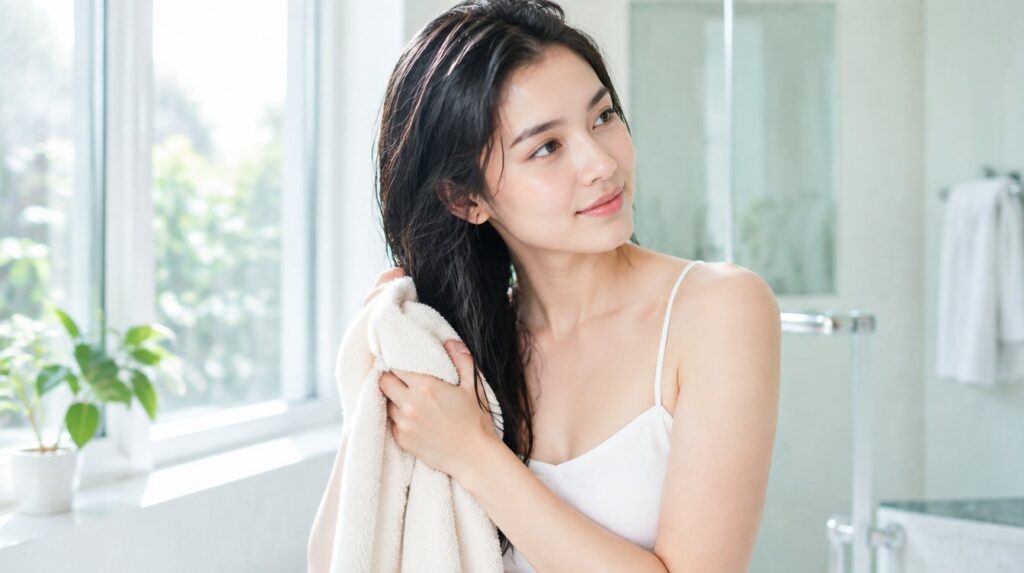 Cô gái tóc ướt thấm khăn bên cửa sổ sau khi gội, chuẩn bị làm khô tóc