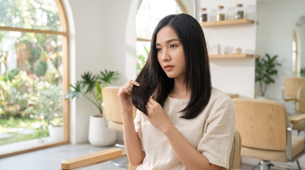 Cô gái tóc duỗi thẳng bóng ngồi trong salon, tay nâng ngọn tóc xem tình trạng sau nhiều lần duỗi