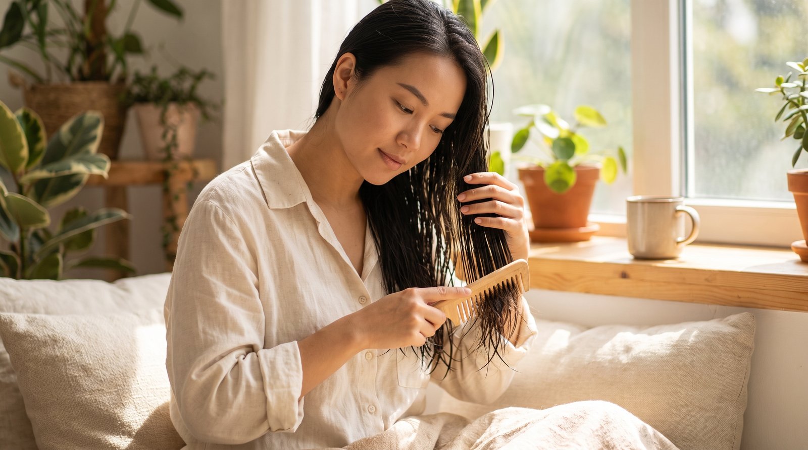 Gỡ rối tóc ẩm từ ngọn lên bằng lược gỗ răng thưa