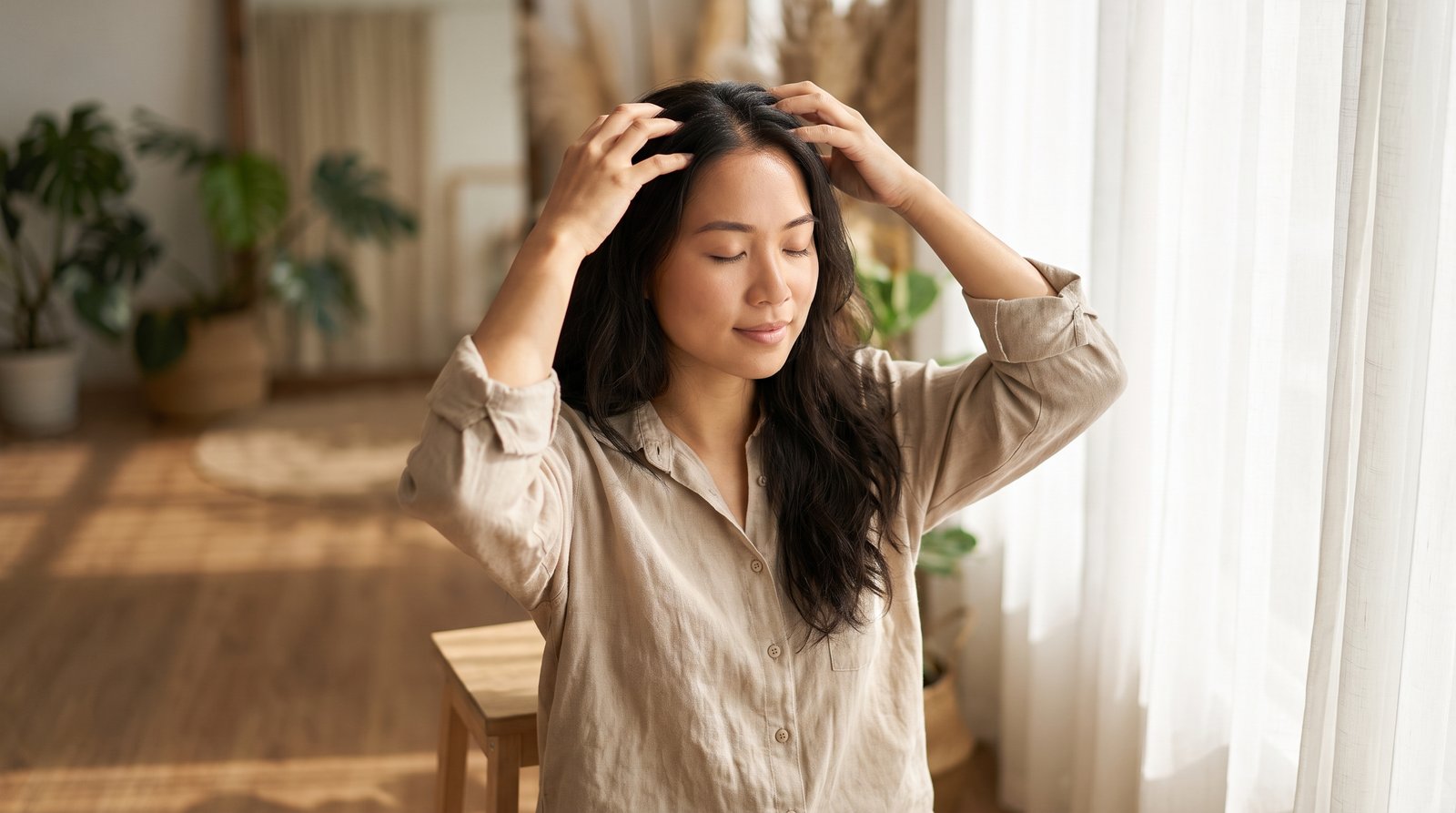 Massage da đầu nhẹ nhàng bằng bụng ngón tay khi da đầu đang nổi mẩn đỏ