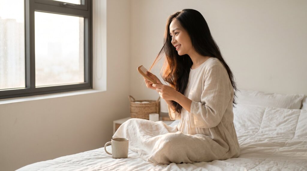 Mẹ bỉm ngồi chải tóc nhẹ nhàng bên cửa sổ, vài sợi tóc rụng trên lược