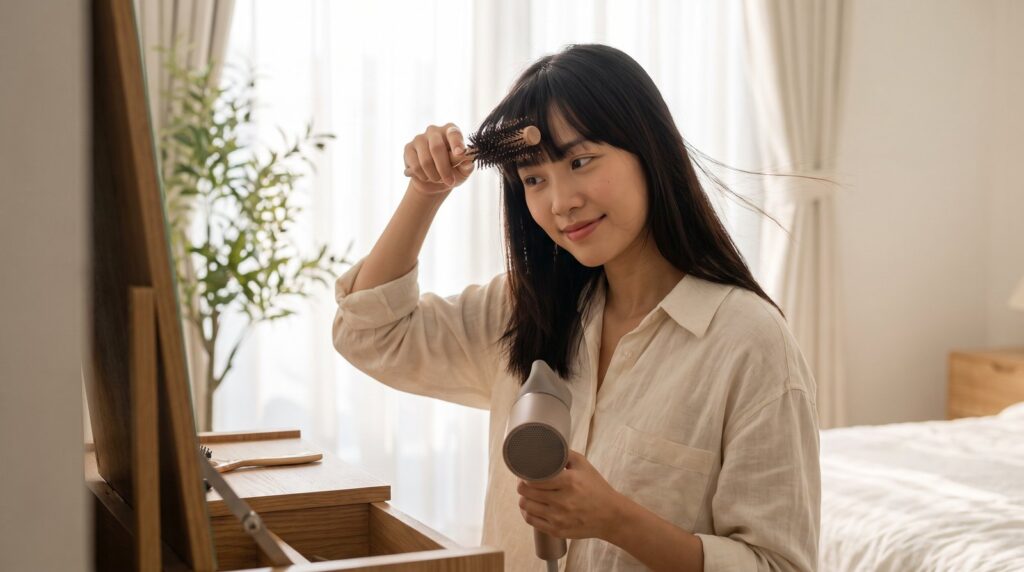 Cô gái sấy tóc mái bằng lược tròn cho mái vào nếp, không bị cong