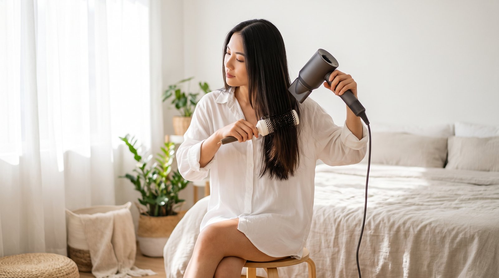 Cô gái sấy tóc bằng lược tròn ở khoảng cách an toàn với máy sấy