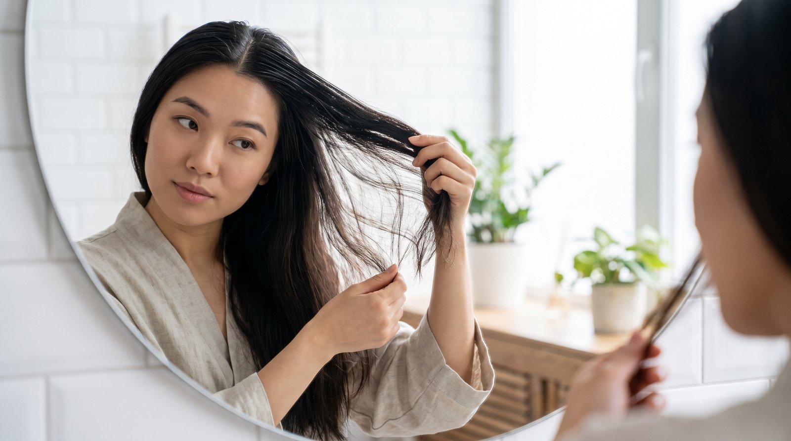 Cô gái soi phần chân tóc bóng dầu và ngọn tóc khô xơ trước gương