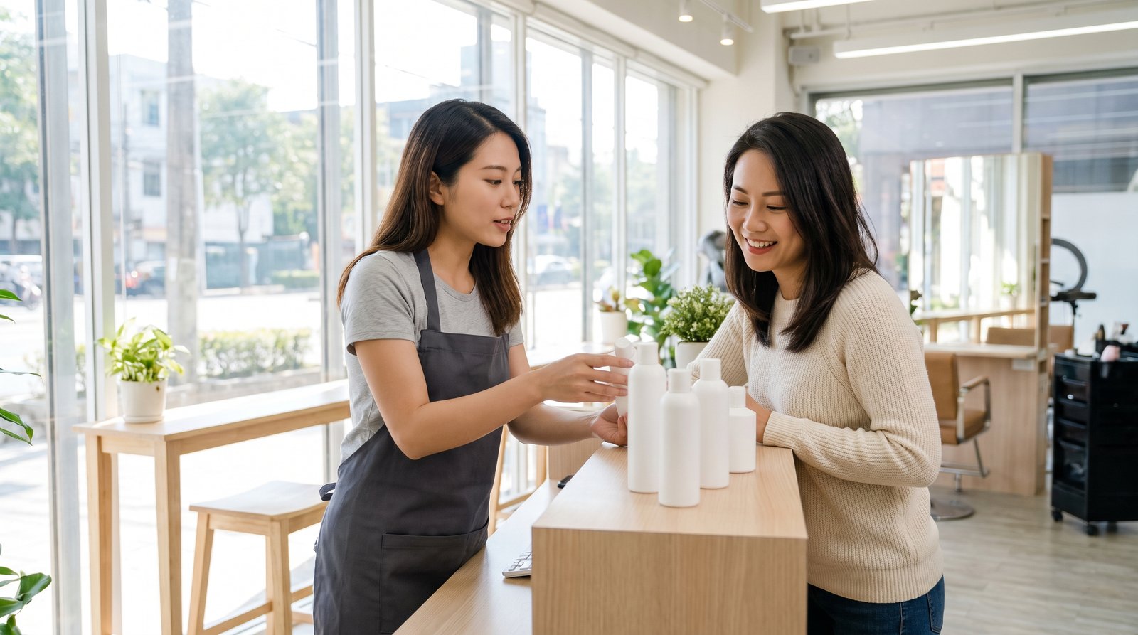 Thợ tóc tư vấn sản phẩm chăm sóc tóc cho khách tại quầy salon sáng sủa