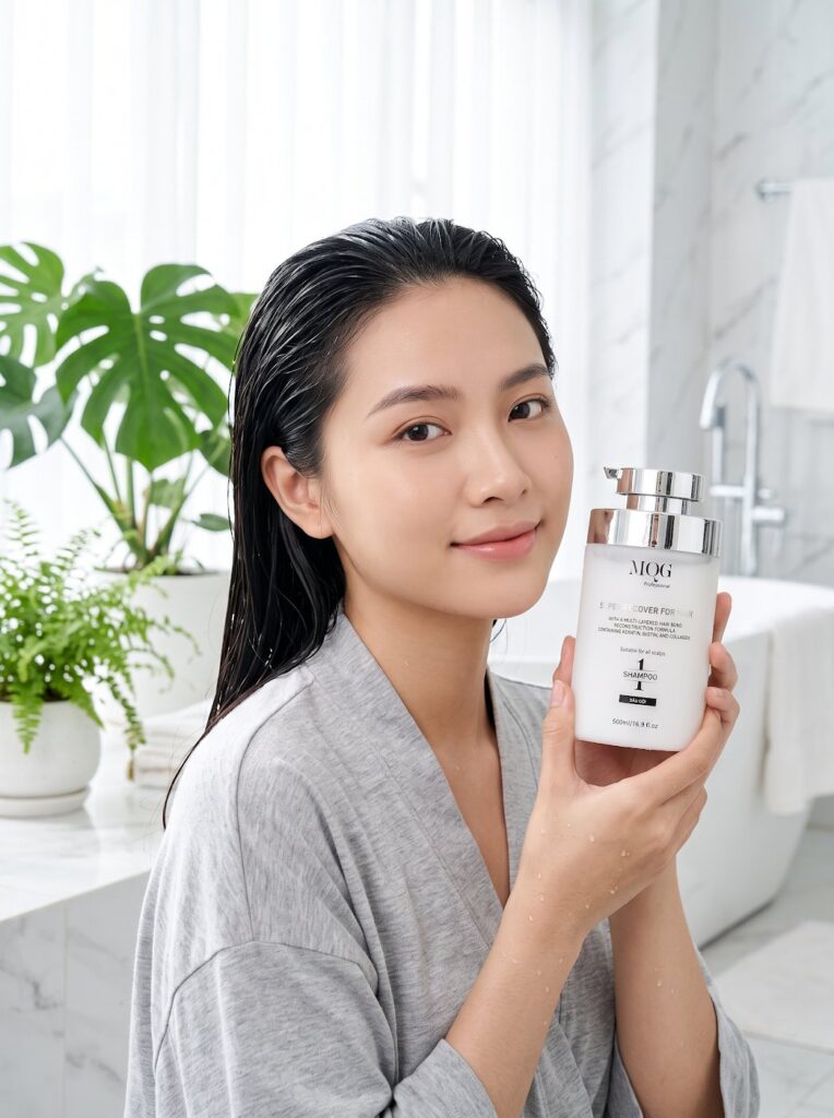 Cô gái tóc ướt cầm chai dầu gội MQG trong phòng tắm sau khi xông hơi