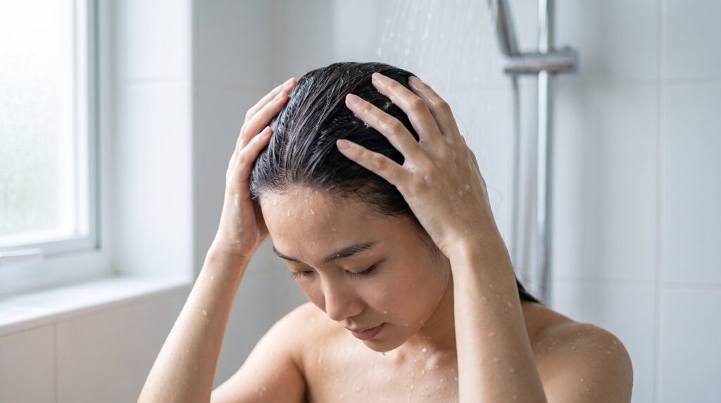 Cô gái massage da đầu khi gội, tóc ướt nhưng gần như không lên bọt