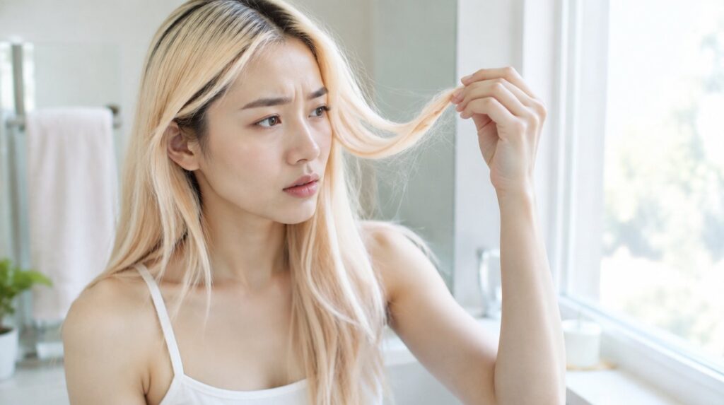 Cô gái tóc tẩy màu sáng soi sợi tóc bên cửa sổ lo tóc rụng sau khi tẩy