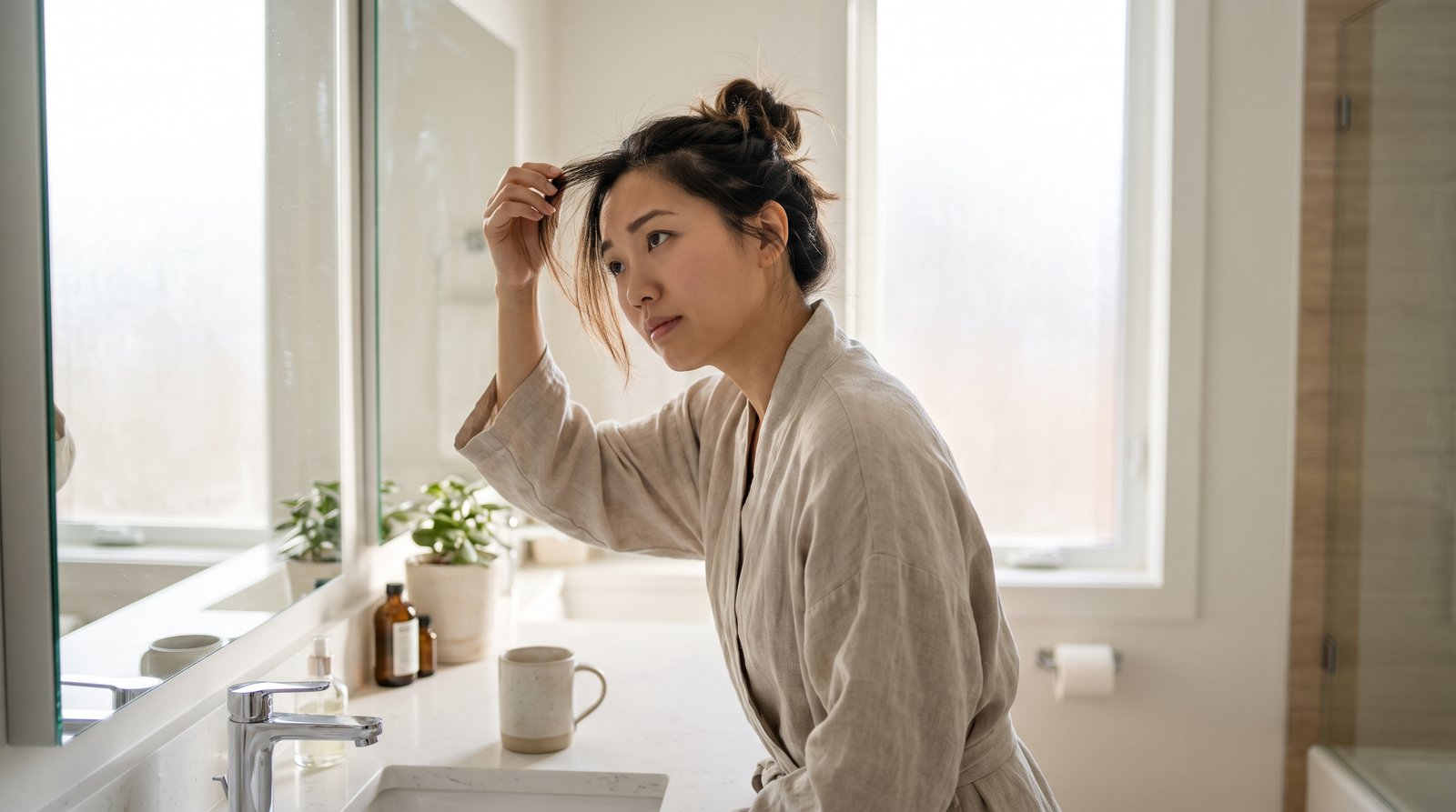 Cô gái soi chân tóc bóng dầu trước gương phòng tắm sau một ngày gội