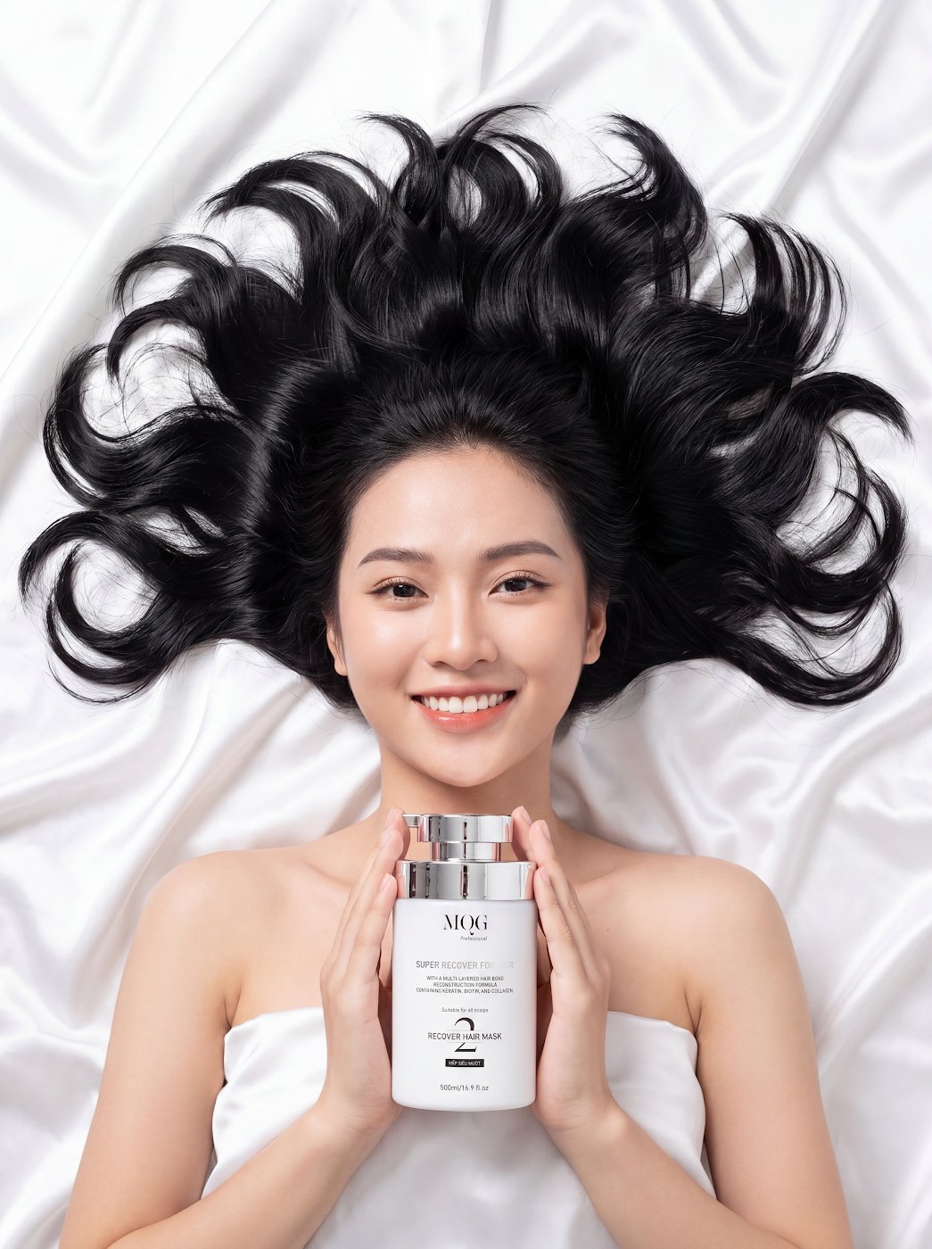Mái tóc bóng mượt sau khi xả kỹ dầu xả và dùng kem hấp MQG