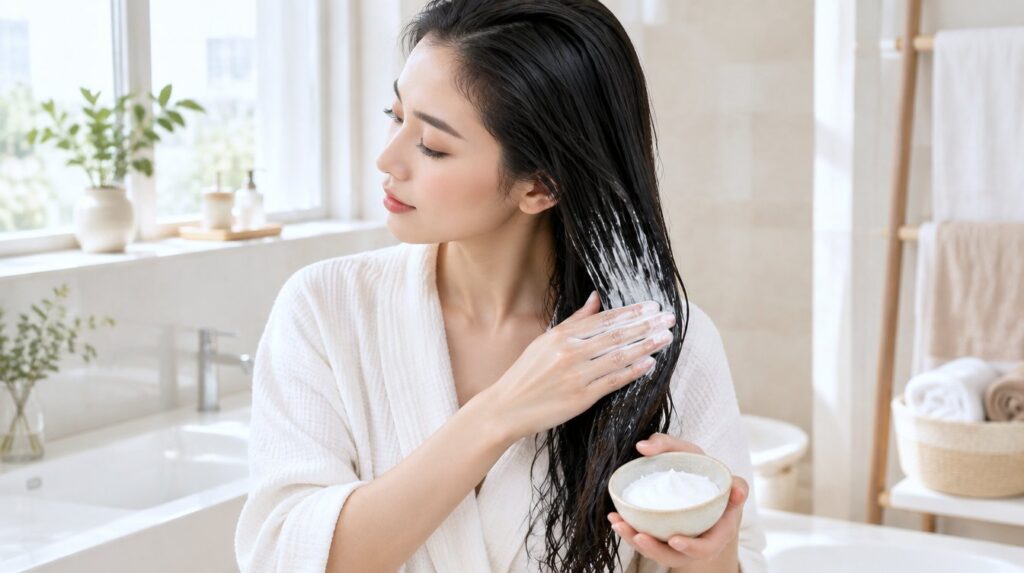Cô gái thoa kem ủ lên phần giữa thân và ngọn tóc trong phòng tắm sáng