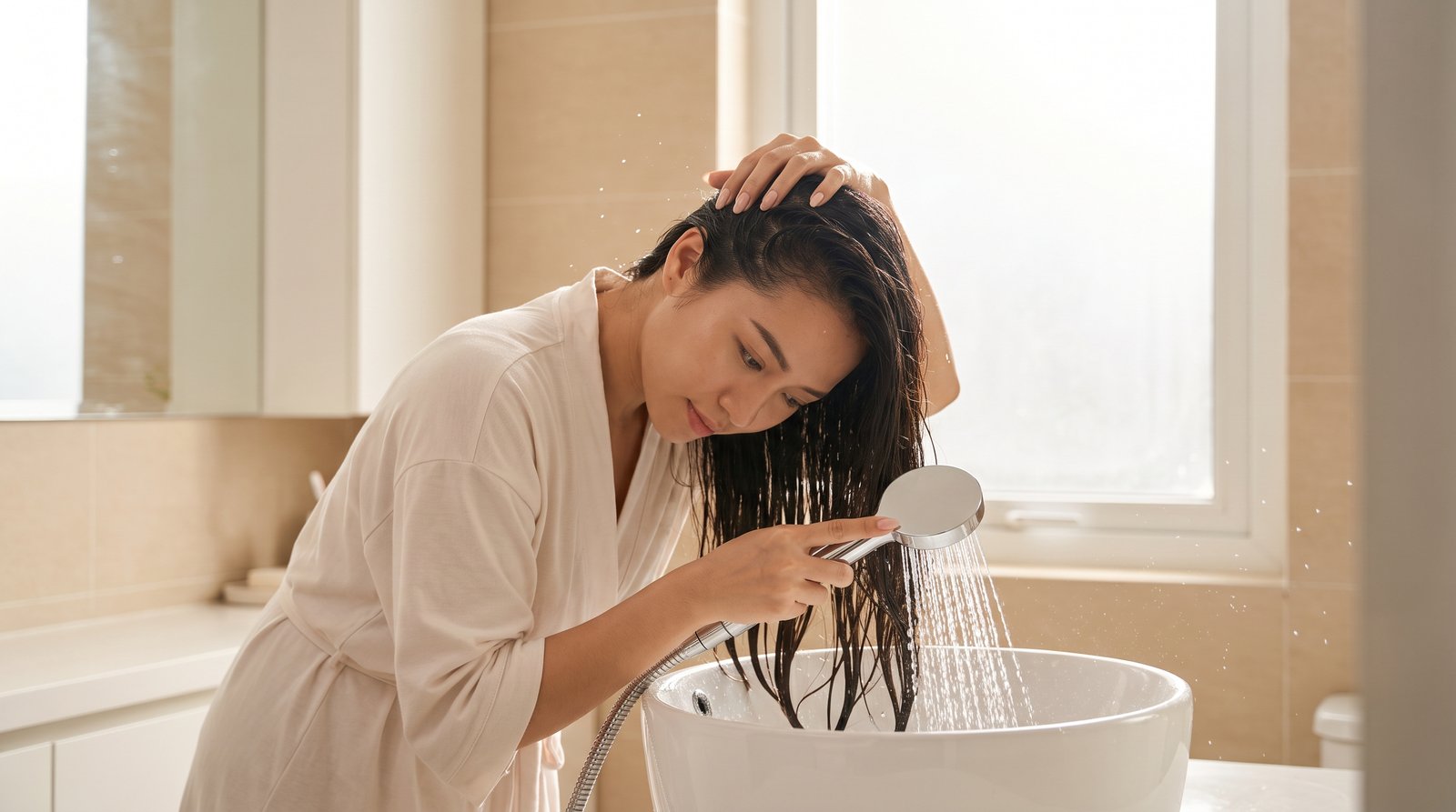 Xả tóc bằng nước mát và massage bằng đầu ngón tay để làm dịu da đầu sau khi nhuộm