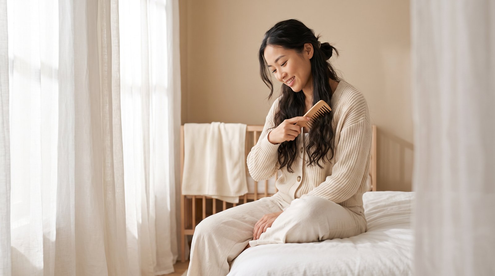 Mẹ sau sinh chải tóc nhẹ nhàng bằng lược răng thưa trong phòng ngủ sáng