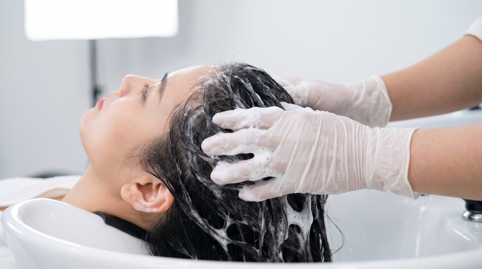 Massage bọt dầu gội trên da đầu tại bồn gội salon để làm sạch dịu nhẹ vùng chân tóc