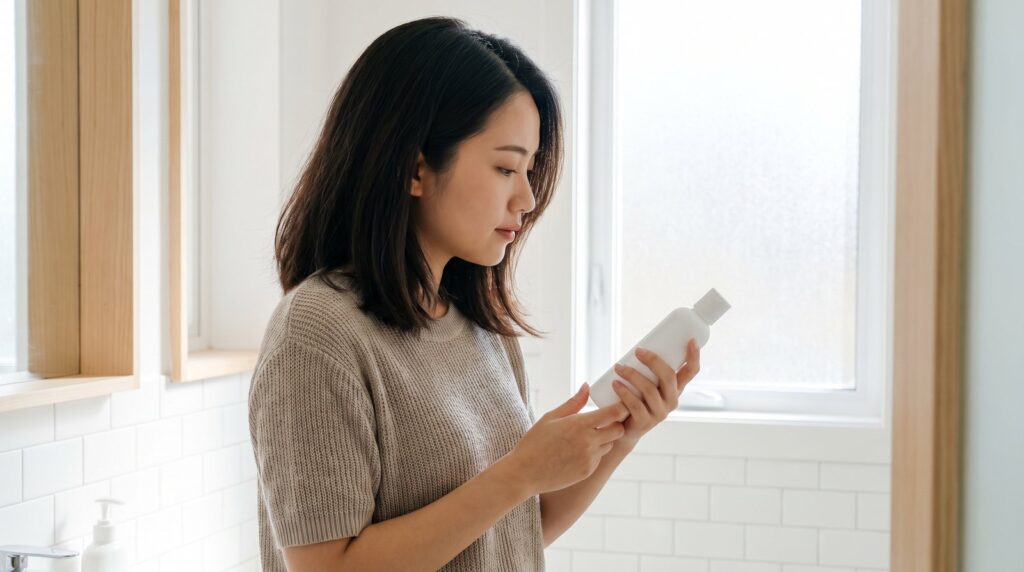 Người dùng lật mặt sau chai dầu gội để đọc bảng thành phần xem có bạc hà không