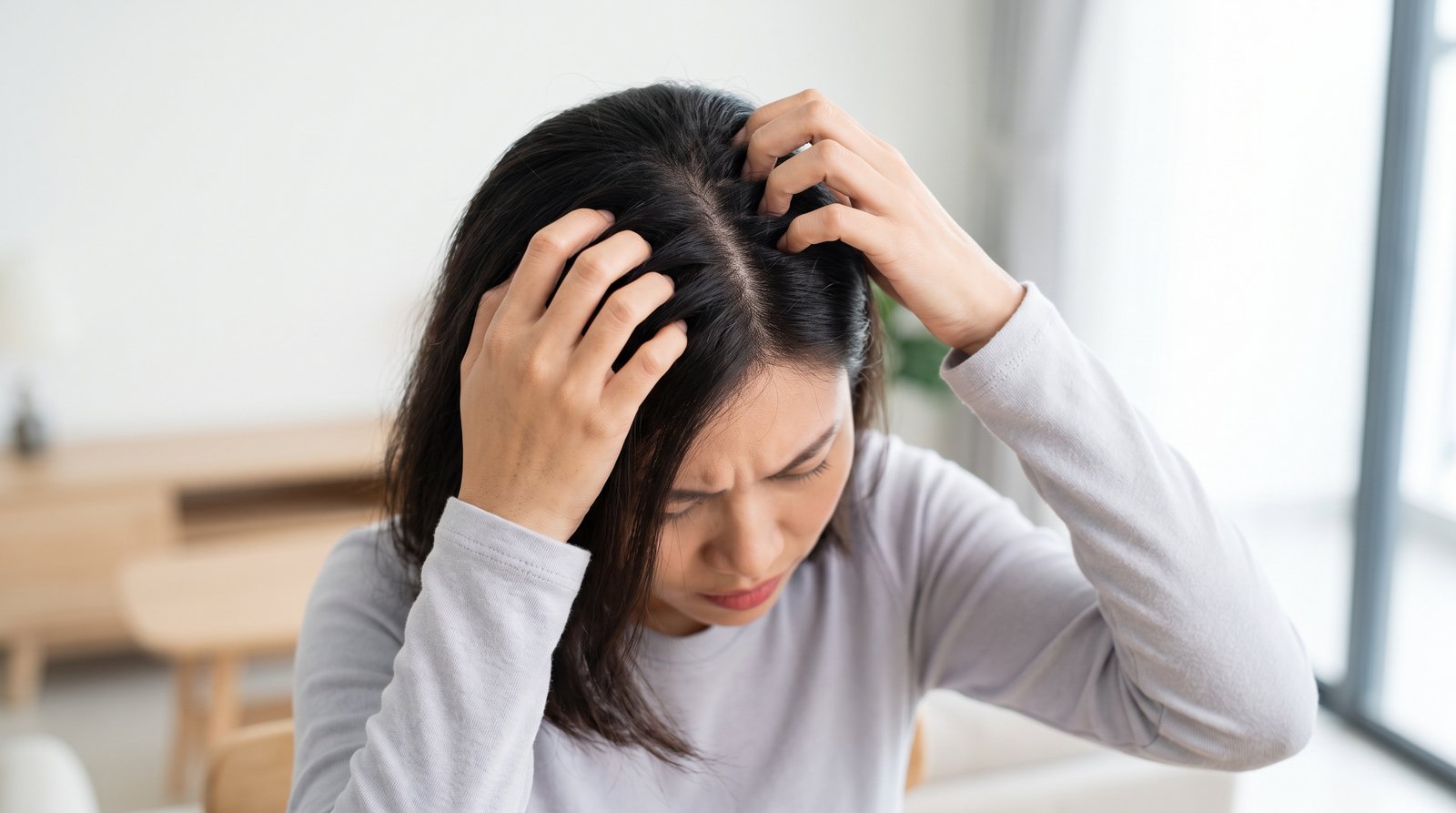 Cô gái đưa hai tay gãi vùng đỉnh đầu vì da đầu ngứa