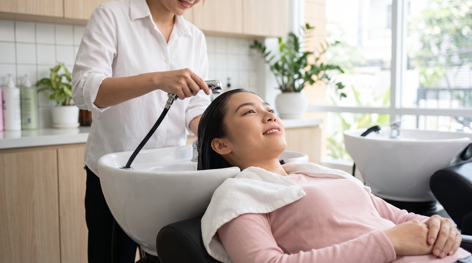 Xả tóc bằng nước ấm tại salon, vòi nước đưa sát da đầu để xả hết dầu gội