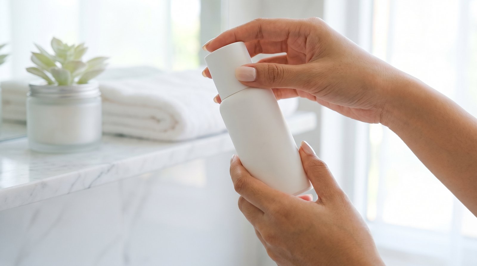 Cận cảnh hai tay xoay chai dầu gội trắng trơn để kiểm tra bảng thành phần ở mặt sau