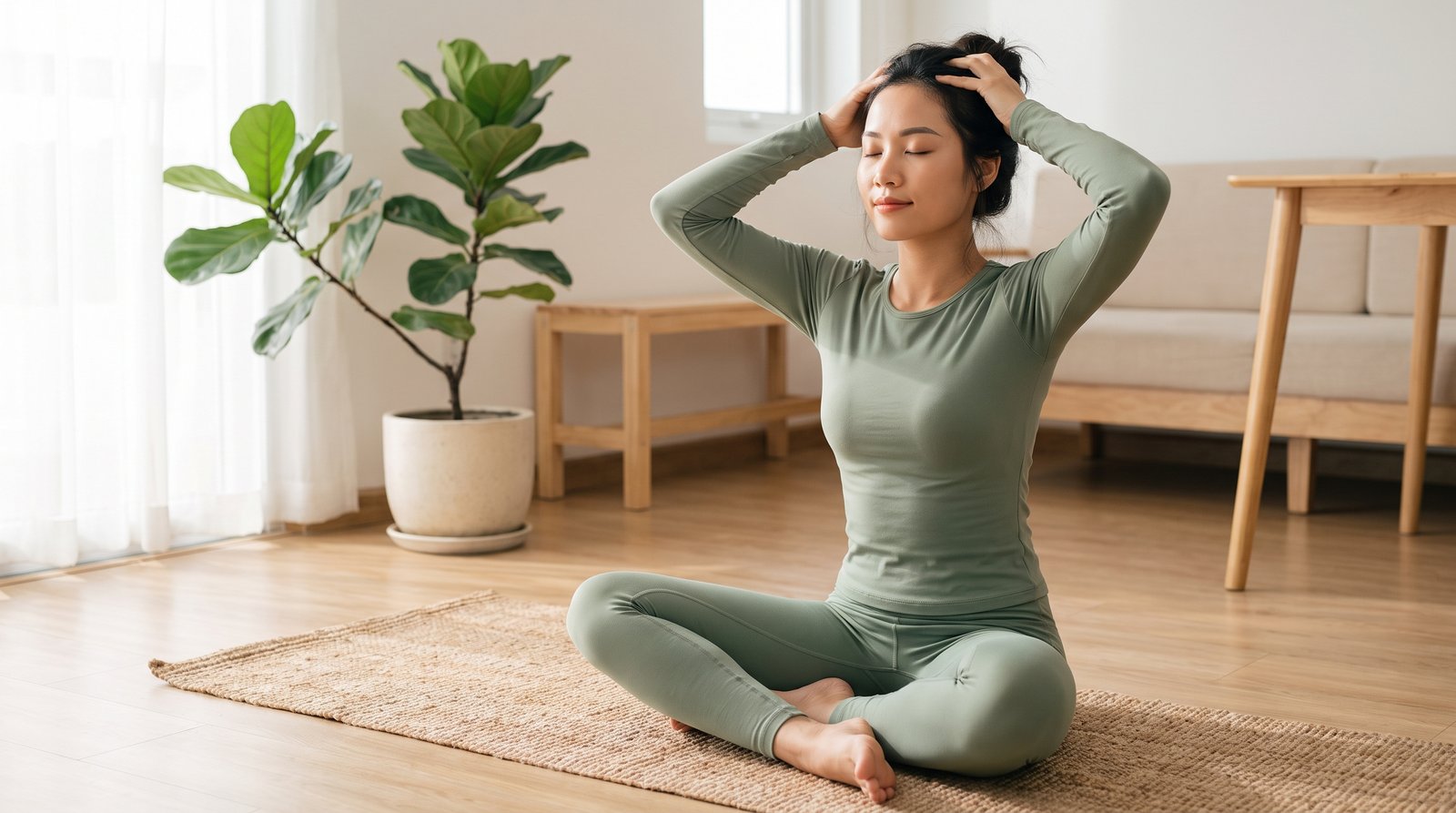 Cô gái ngồi thiền trên thảm và massage da đầu thư giãn