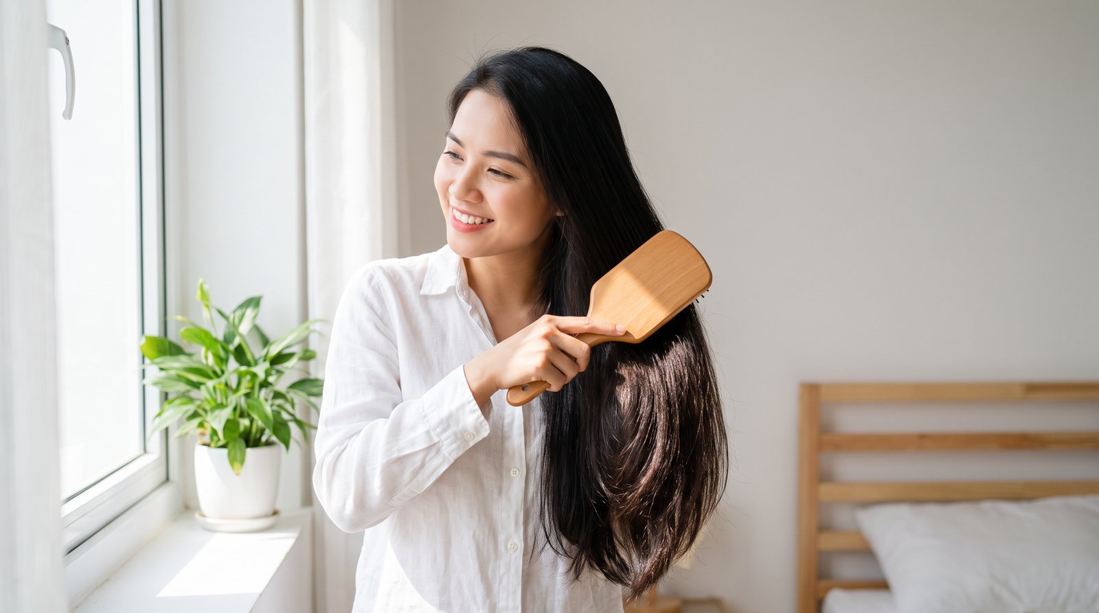 Cô gái chải mái tóc dài dày khoẻ bên cửa sổ sáng